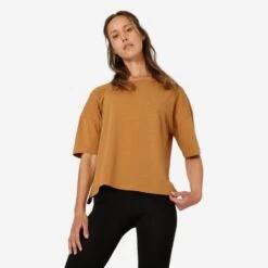 Camiseta Fitness 520 Loose Mujer Avellana Manga Corta Mayoritariamente Algodón
