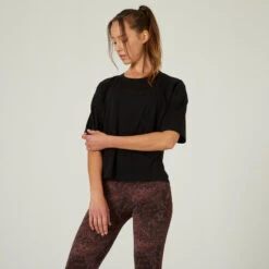 Camiseta Fitness 520 Loose Mujer Avellana Manga Corta Mayoritariamente Algodón -Equipo De Fitness camiseta fitness 520 loose mujer negro manga corta mayoritariamente algodon