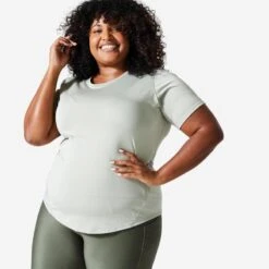 Camiseta Fitness Cardio Talla Grande Ajustada Mujer Domyos Negro -Equipo De Fitness camiseta fitness cardio talla grande ajustada mujer domyos caqui