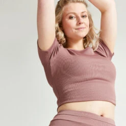 Camiseta Fitness Crop Top Manga Corta Mujer Domyos Marrón -Equipo De Fitness camiseta fitness crop top manga corta mujer domyos marron 2