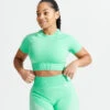 Camiseta Fitness Crop Top Sin Costuras Mujer Domyos 900 Verde Malaquita -Equipo De Fitness camiseta fitness crop top sin costuras mujer domyos 900 verde malaquita
