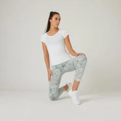 Camiseta Fitness Manga Corta Cuello Pico Algodón Extensible Mujer Blanco -Equipo De Fitness camiseta fitness manga corta cuello pico algodon extensible mujer blanco 2