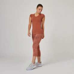 Camiseta Fitness Manga Corta Cuello Pico Algodón Extensible Slim Mujer Sepia -Equipo De Fitness camiseta fitness manga corta cuello pico algodon extensible slim mujer sepia 2