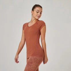 Camiseta Fitness Manga Corta Cuello Pico Algodón Extensible Slim Mujer Sepia