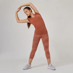 Camiseta Fitness Manga Corta Cuello Pico Algodón Extensible Slim Mujer Sepia -Equipo De Fitness camiseta fitness manga corta cuello pico algodon extensible slim mujer sepia 3