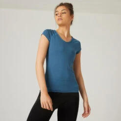 Camiseta Fitness Manga Corta Cuello Pico Algodón Extensible Slim Mujer Sepia -Equipo De Fitness camiseta fitness manga corta cuello pico algodon extensible slim mujer turquesa