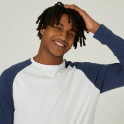 Camiseta Fitness Manga Larga Recta Algodón Hombre Domyos 520 Blanco Y Azul -Equipo De Fitness camiseta fitness manga larga recta algodon hombre domyos 520 blanco y azul 2