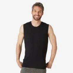 Camiseta Fitness Sin Mangas Cuello Redondo Algodón Hombre Domyos 500 Negro