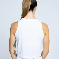 Camiseta Sin Mangas Ajustada Top De Poliéster Reciclado De Mujer TRR Blanca -Equipo De Fitness camiseta sin mangas ajustada top de poliester reciclado de mujer trr blanca 1