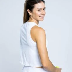 Camiseta Sin Mangas Ajustada Top De Poliéster Reciclado De Mujer TRR Blanca -Equipo De Fitness camiseta sin mangas ajustada top de poliester reciclado de mujer trr blanca 3