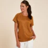 Camiseta Yoga Mujer Camel 100 % Lino Made In France -Equipo De Fitness camiseta yoga mujer camel 100 lino made in france
