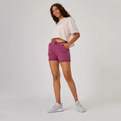 Short Pantalon Corto Fitness Algodón Con Bolsillos Mujer Violeta -Equipo De Fitness short pantalon corto fitness algodon con bolsillos mujer violeta 2