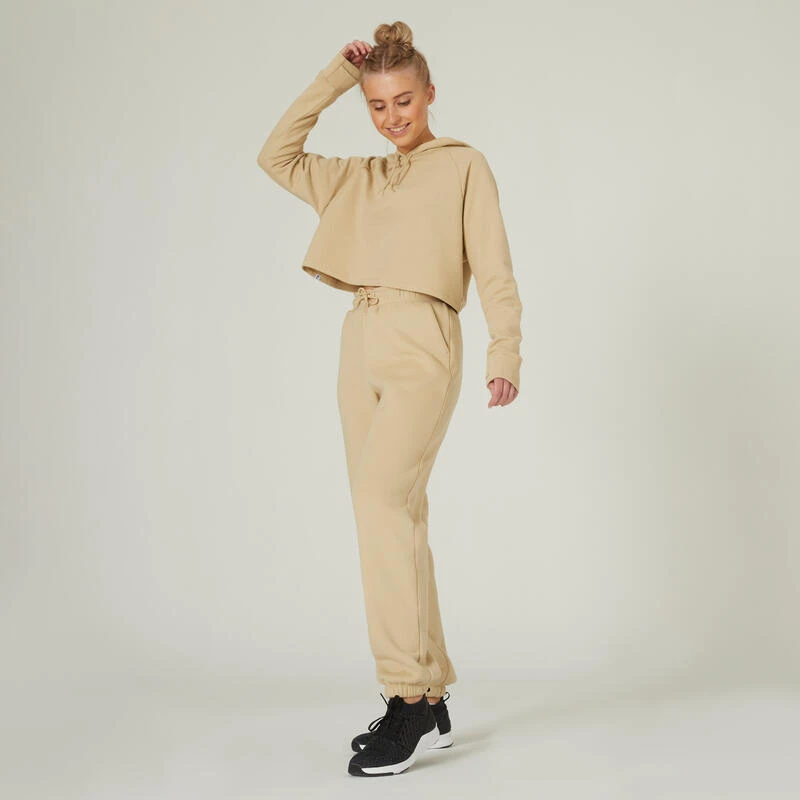 Sudadera Fitness Cropped Con Capucha Mujer Domyos Beige 7 Sudadera Fitness Cropped Con Capucha Mujer Domyos Beige - Imagen 5